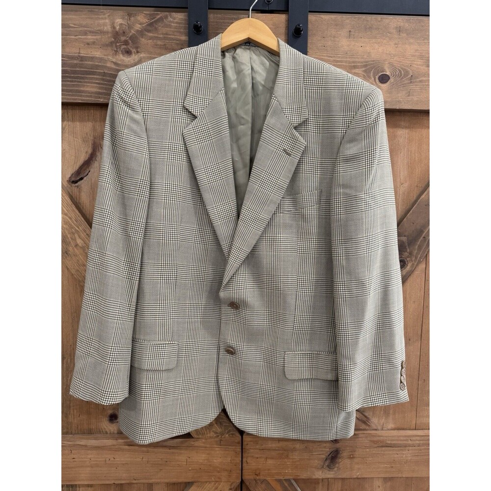 VINTAGE Valentino Sport Coat Men Sz 48 Long Tan Houndstooth Two Button Blazer